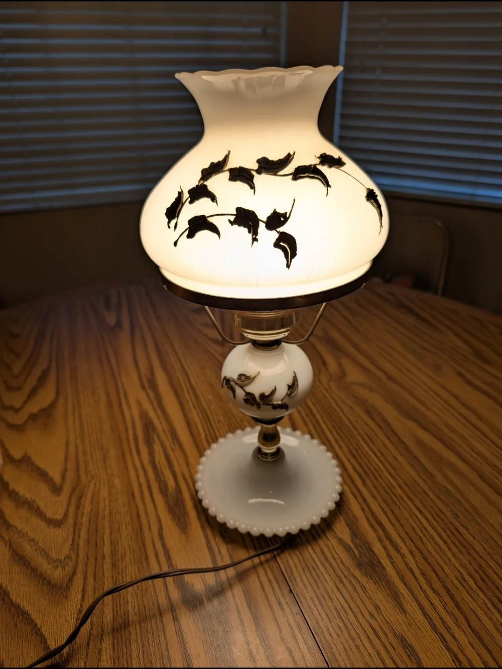 Vintage White Milk Glass Table Lamp with Gold Leaf Accents